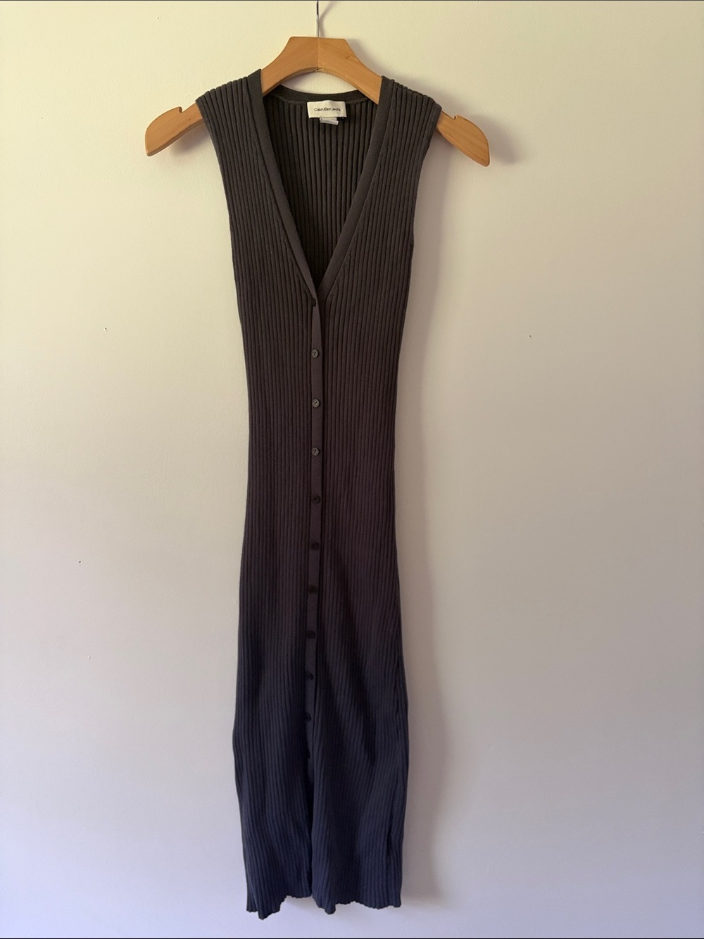 Calvin Klein Cotton Blend Sleeveless Ribbed Button-Front Midi Dress in Deep Blue